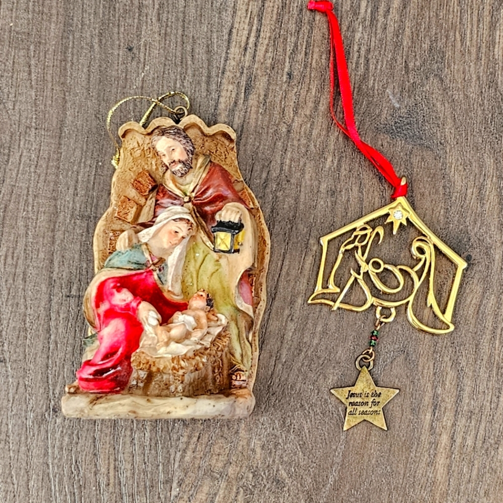 Gold nativity ornament & Mary Joseph & Jesus ornament